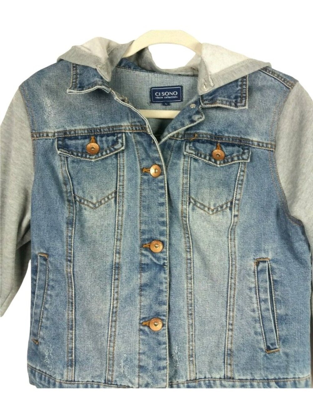 Ci Sono Hoodie Denim Jacket Large Blue Distressed Streetwear Removable Hood